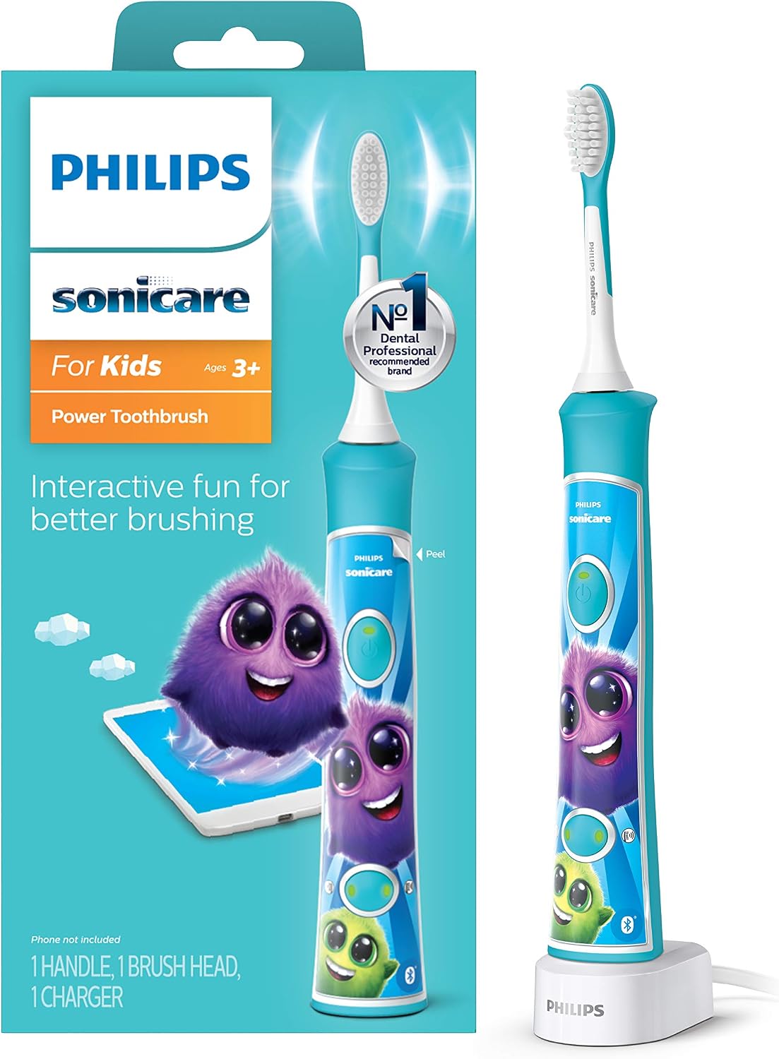 Philips Sonicare for Kids 3+ Bluetooth Connected Rechargeable Electric Power Toothbrush, Interactive for Better Brushing, Turquoise, HX6321/02