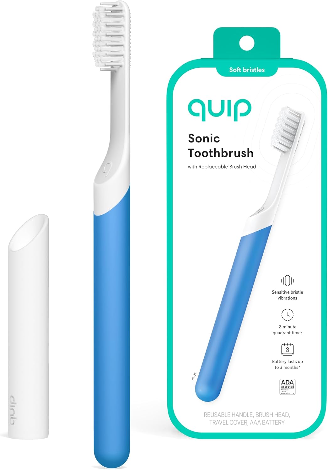 Quip Sonic Toothbrush for Adults - Timed Electric Toothbrush with Cover - Replaceable Brush Head, Soft Bristles, Plastic Handle, 3 Month Battery Life - Travel Toothbrush - Blue