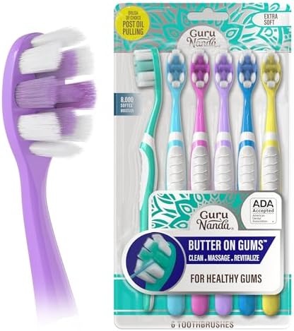 GuruNanda Butter On Gums Toothbrush, ADA Accepted Manual Toothbrushes with 8000+ Ultra Soft Softex Bristles for Sensitive &amp; Receding Gums, Perfect for Whiter Teeth, Assorted Colors, 6 Ct