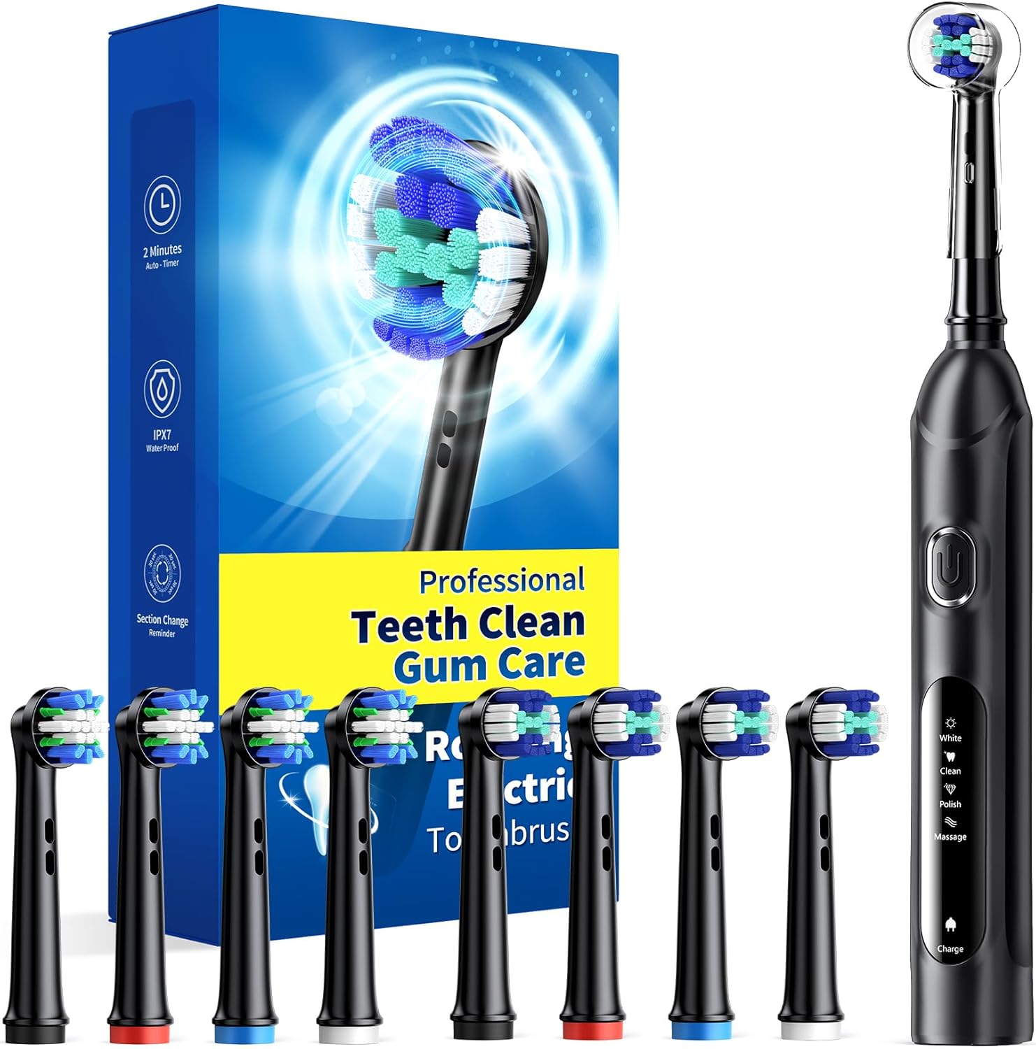 Rotating Electric Toothbrush for Adults, 8 Heads 2 Types, 4 Modes, Black
