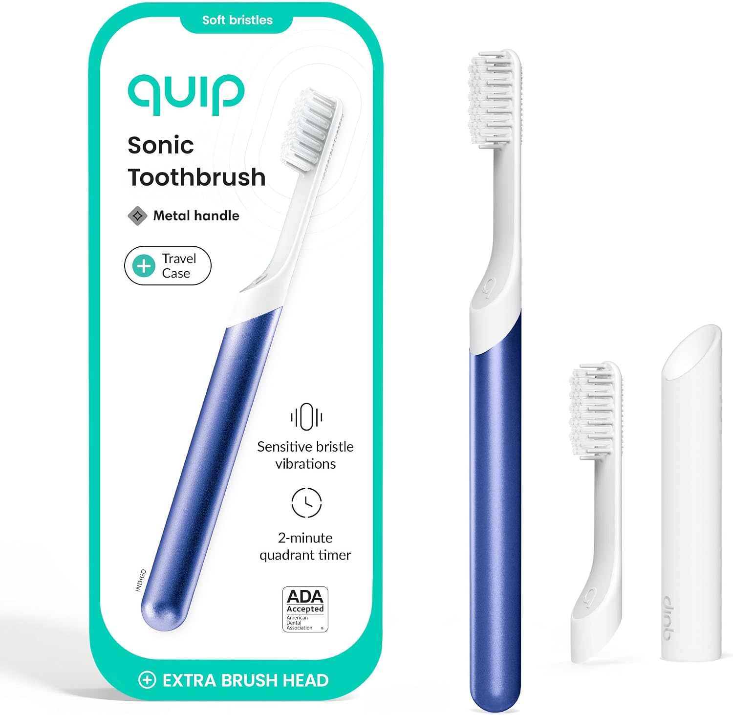 Quip Sonic Electric Toothbrush, Extra Brush Head, Metal Handle, Indigo