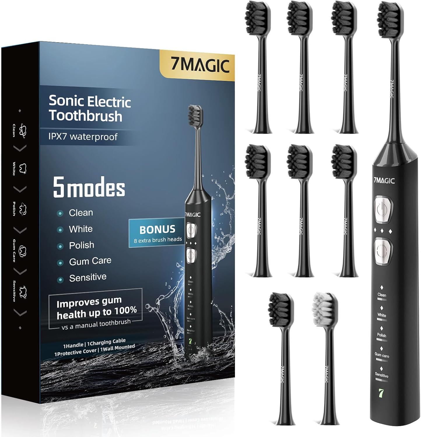 7MAGIC Sonic Electric Toothbrush, 180-Day Runtime, 42000VPM, 8 Heads, Black