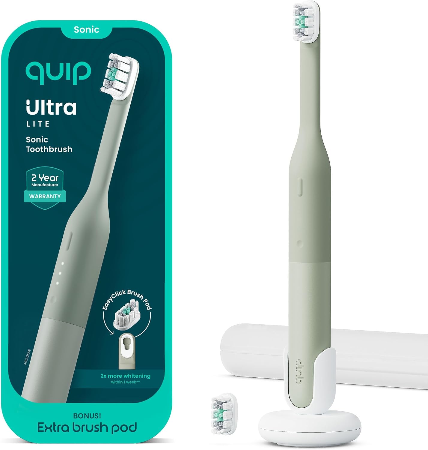 Quip Ultra Lite Sonic Electric Toothbrush, 3 Modes, Mirror Mount, Meadow