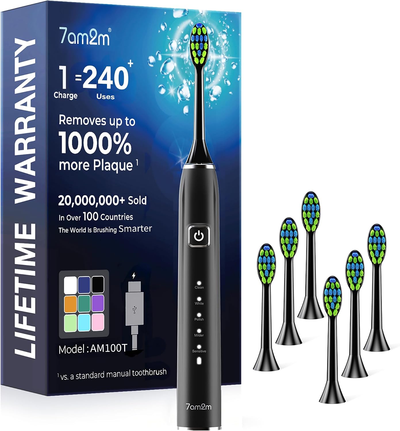 7AM2M Sonic Electric Toothbrush for Adults, Type-C Charging Run for 120 Days