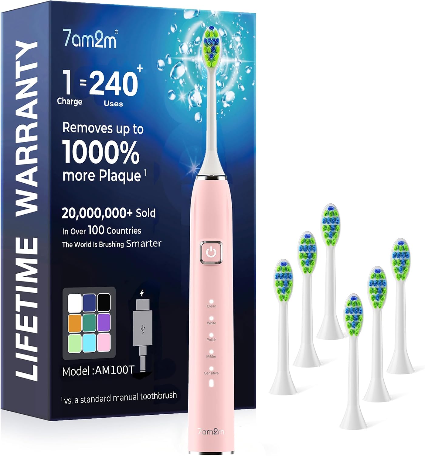 7AM2M Sonic Electric Toothbrush for Adults, Type-C Charging Run for 120 Days