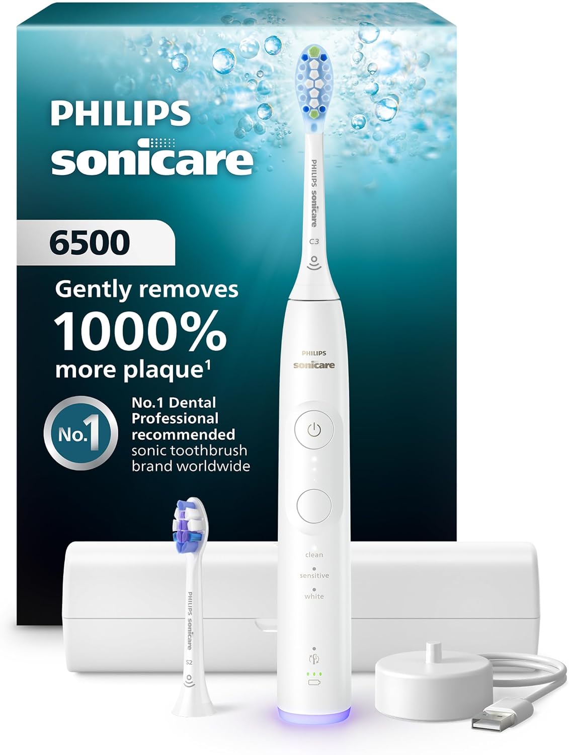 Philips Sonicare 6500 Rechargeable Electric Toothbrush, 2 Brush Head, White